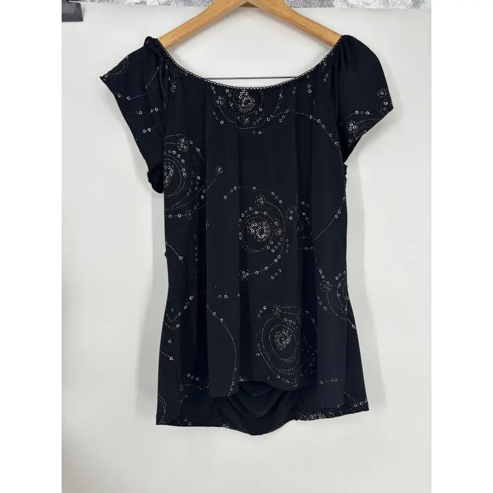 Studio 1940 Blouse Ruched Embellished Rhinestone Stretch Top Black‎ Size Large